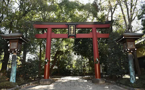 Torii gate at Nezu Shrine entrance, Tokyo, surrounded by trees.
