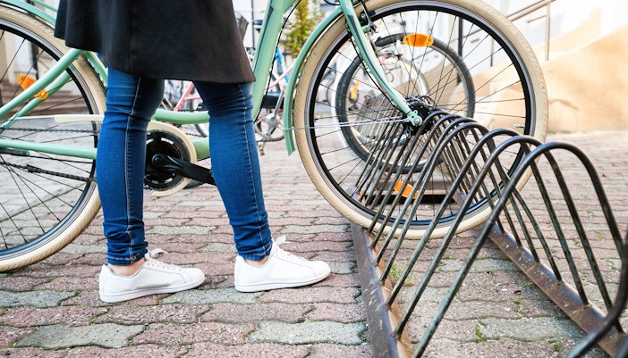 Bicycle parked in rack at Sachsenhausen Concentration Camp Memorial.