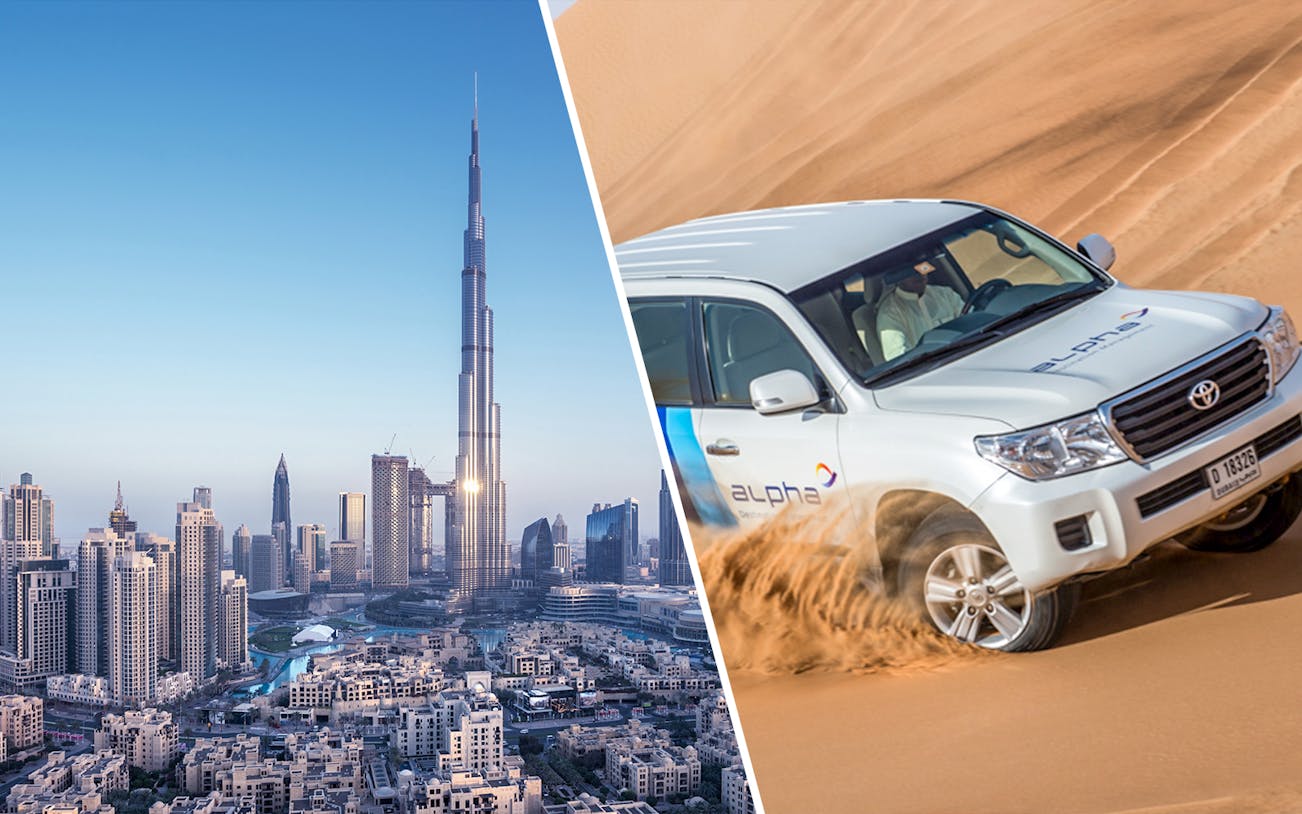 Burj Khalifa skyline and SUV driving through Dubai desert dunes.