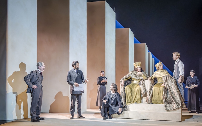 Performers in period costumes on stage during Grace Pervades West End show.