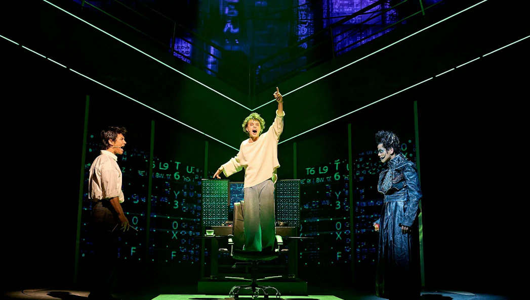 Stage performance of Death Note musical in Westend with actors in dramatic scene.