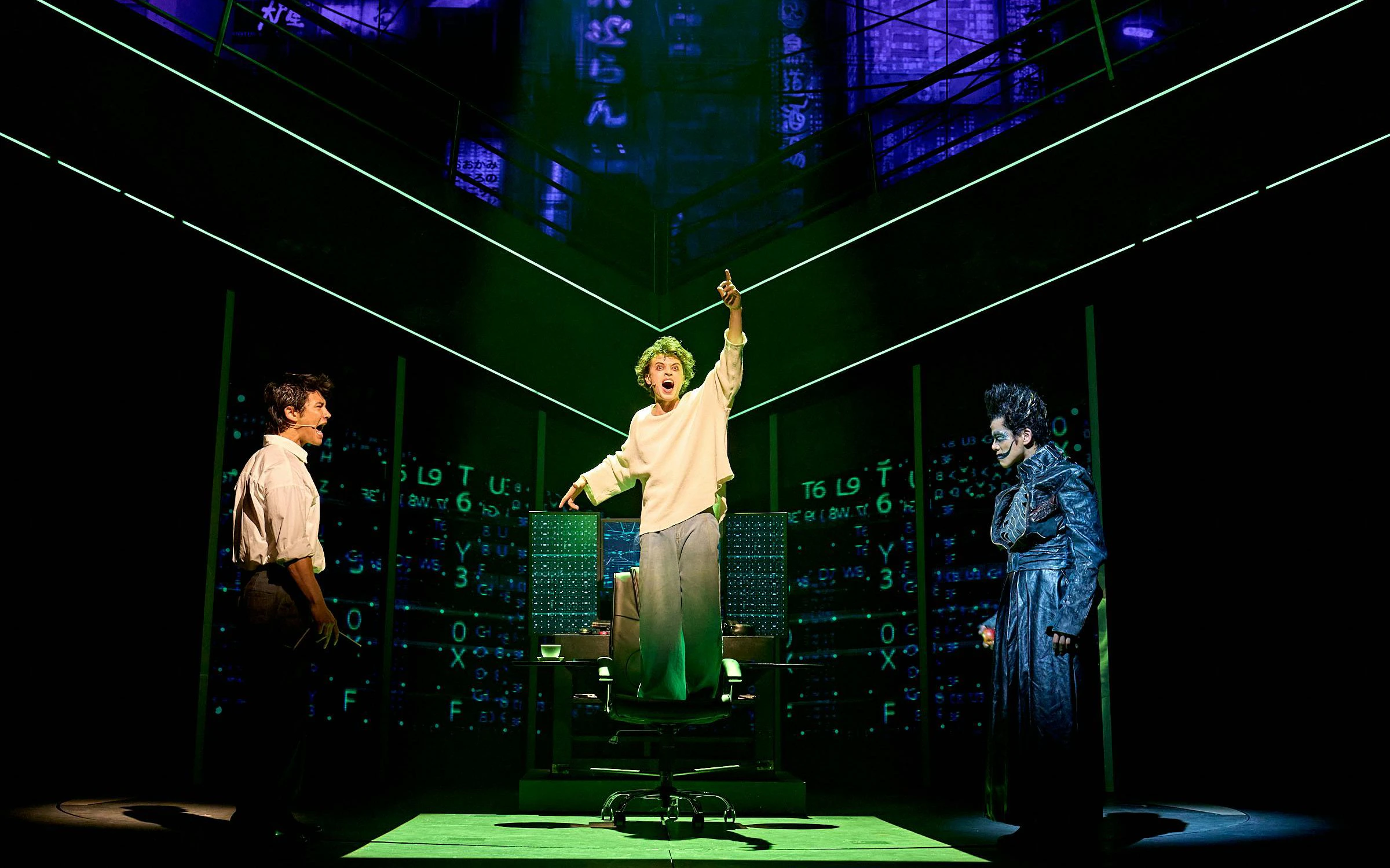 Stage performance of Death Note musical in Westend with actors in dramatic scene.