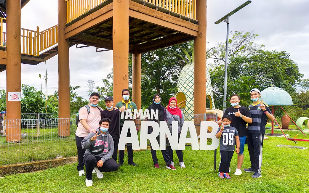Group posing at Taman Arnab in Selangor Fruit Valley, Malaysia.