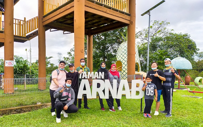 Group posing at Taman Arnab in Selangor Fruit Valley, Malaysia.