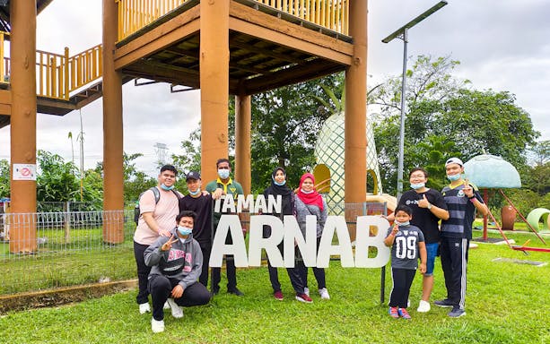 Group posing at Taman Arnab in Selangor Fruit Valley, Malaysia.