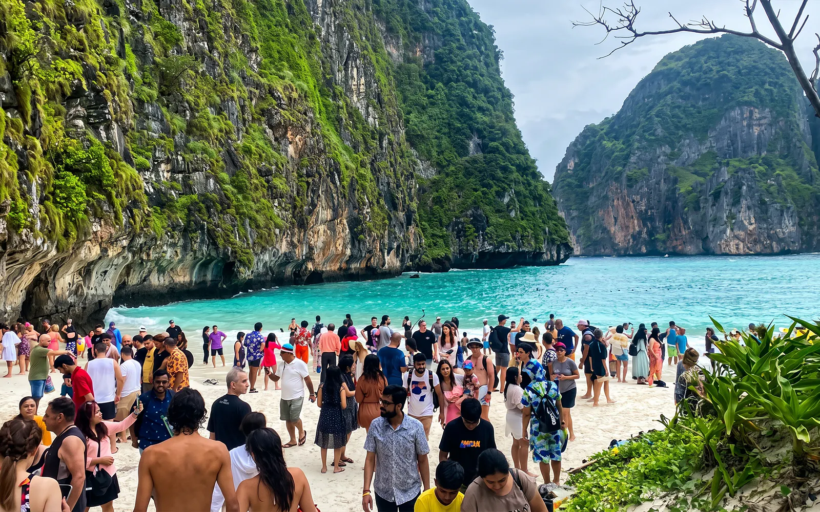 Crowd enjoying the beach at Maya Bay, Phi Phi Islands, with limestone cliffs and turquoise water.