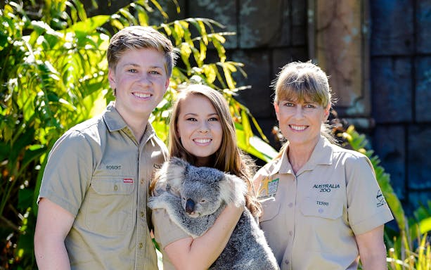 Irwin family members with a koala at Australia Zoo.