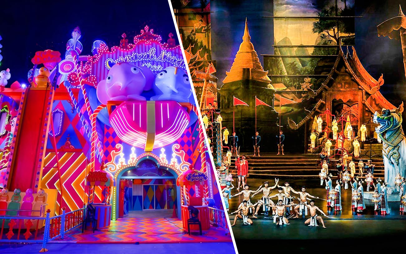 Carnival Magic entrance and Siam Niramit Phuket cultural show with performers on stage.