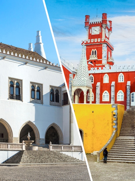Sintra National Palace and colorful Pena Palace architecture in Sintra, Portugal.