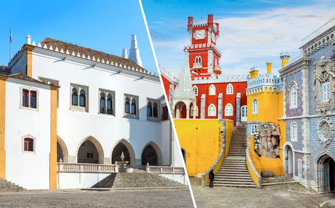 Sintra National Palace and colorful Pena Palace architecture in Sintra, Portugal.