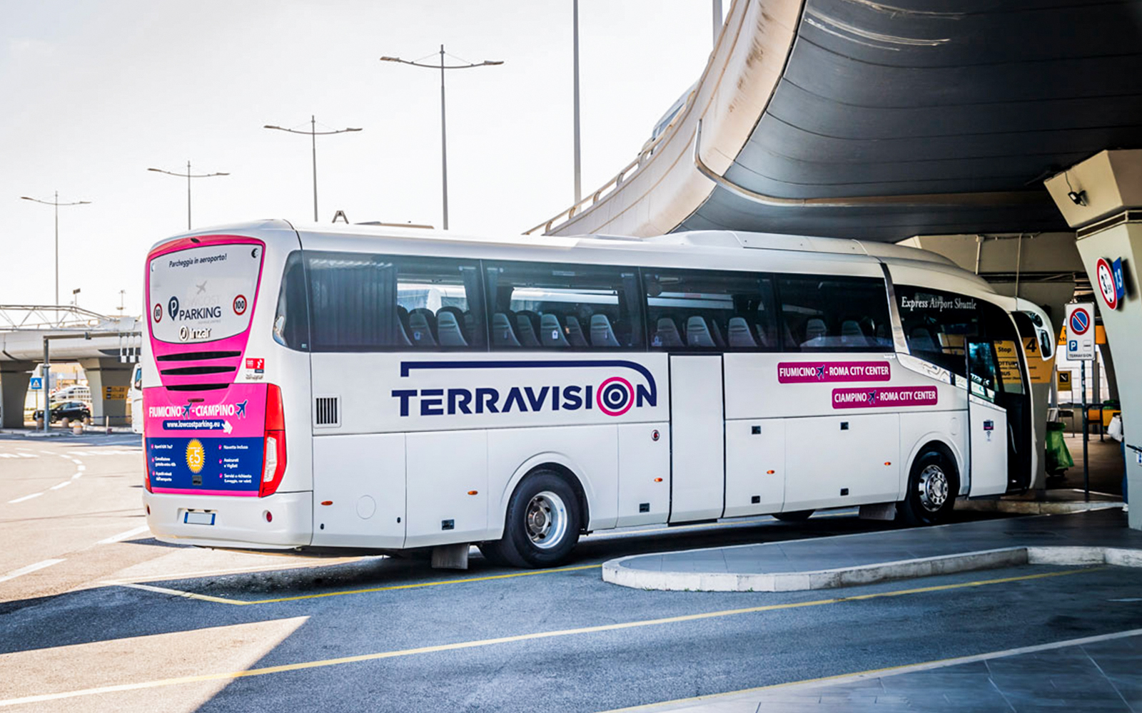 Terravision bus at Fiumicino Airport for transfers to Rome Termini Station.