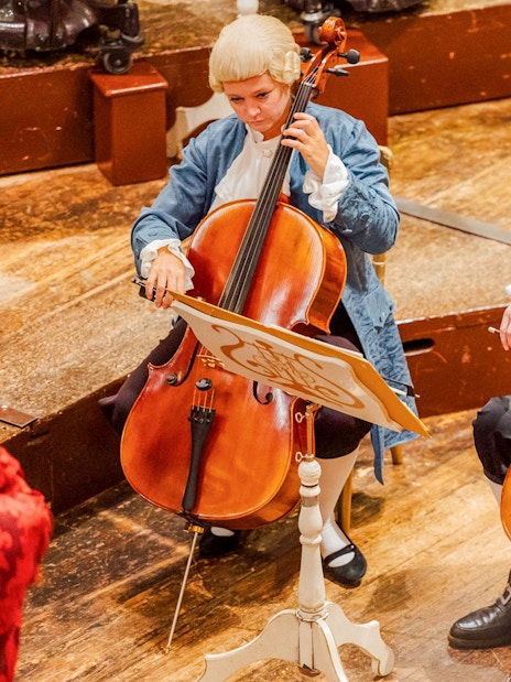 Cellists performing at the Musikverein Vienna during a Mozart concert.
