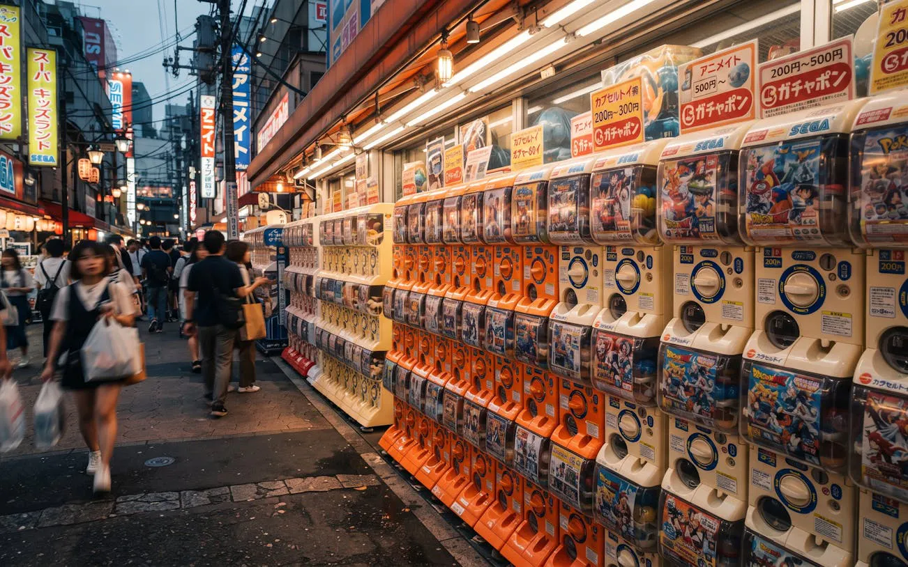 Vending machines with anime toys in Osaka's Den Den Town shopping street.