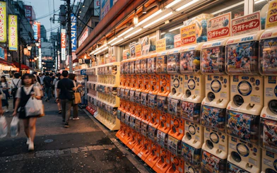 Vending machines with anime toys in Osaka's Den Den Town shopping street.