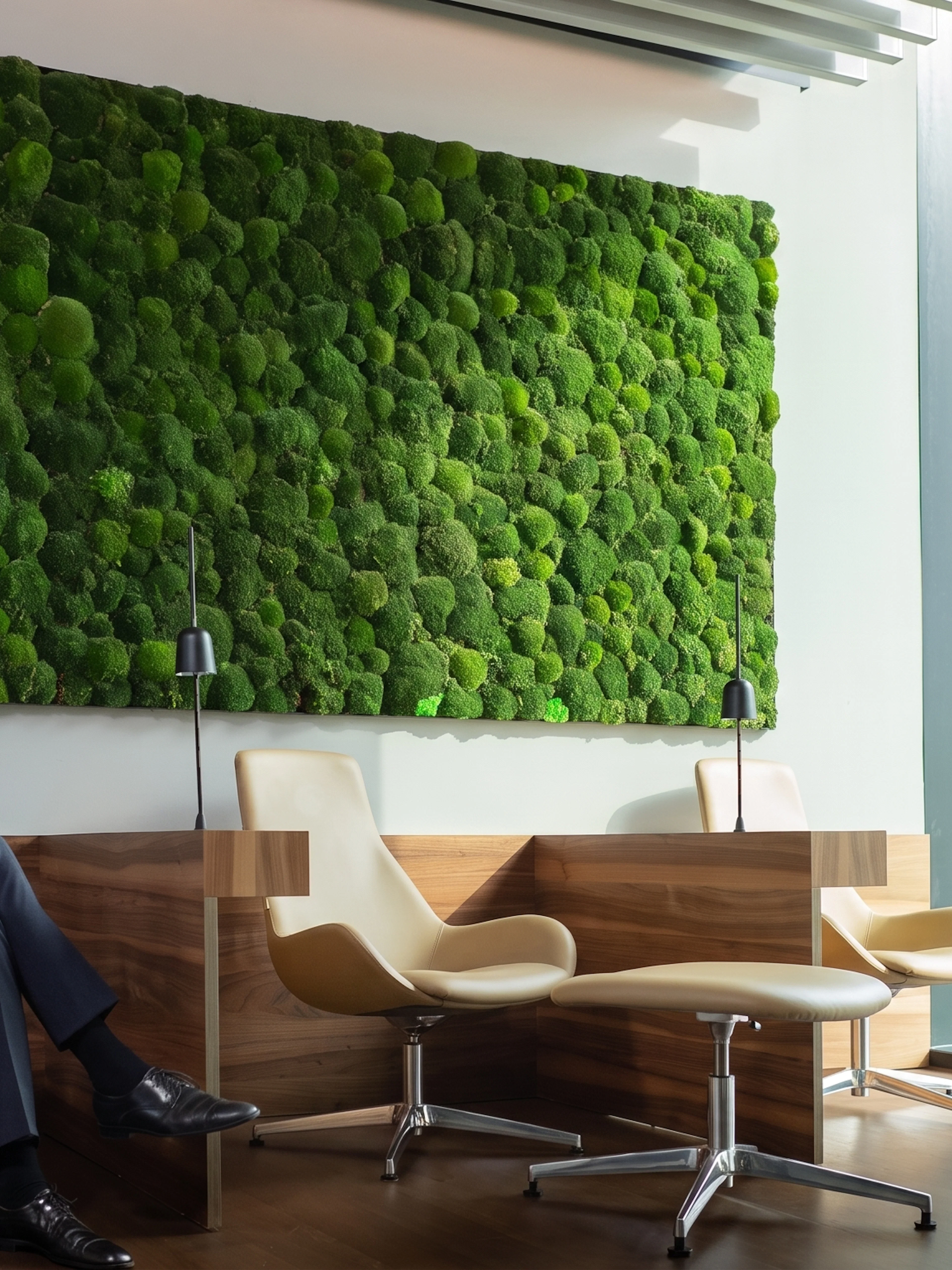 Man sitting in BER Lounge Tegel at Berlin Brandenburg Airport with green moss wall and modern seating.