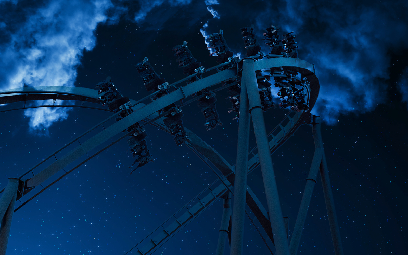 Roller coaster at night during Halloween event in Thorpe Park.