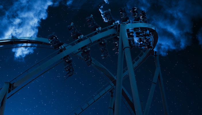 Roller coaster at night during Halloween event in Thorpe Park.