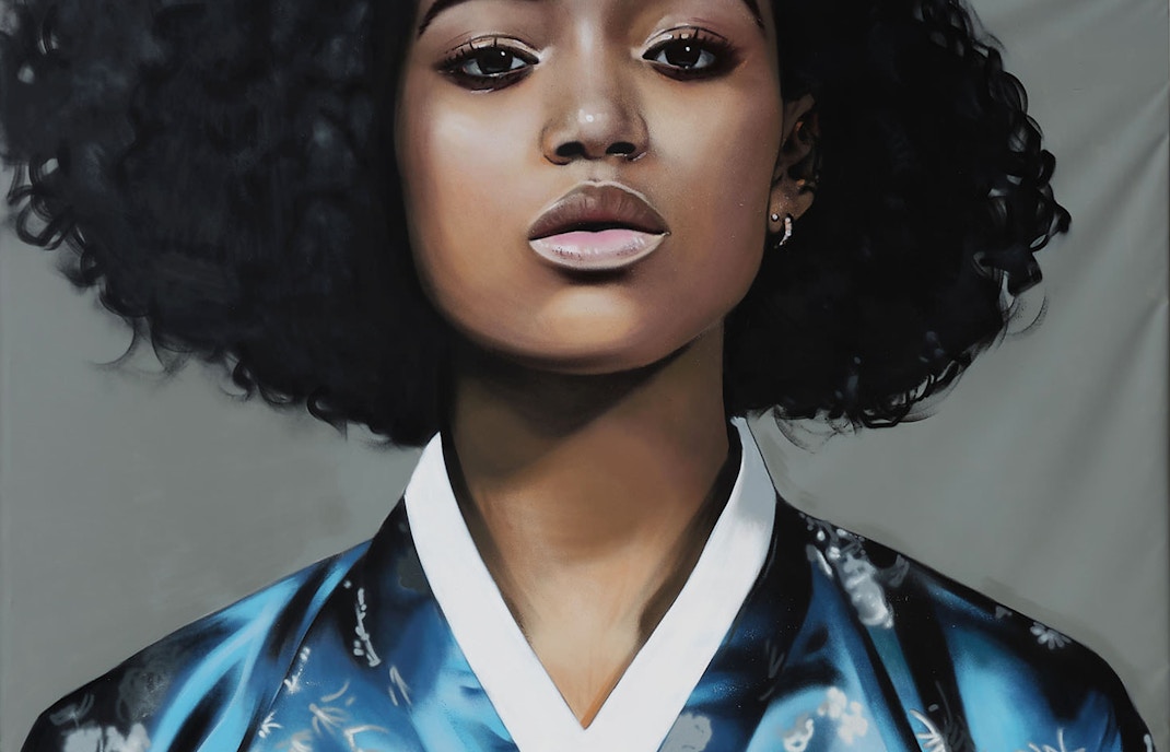 Portrait of a person in a blue traditional garment, inspired by Royyal Dog's style.