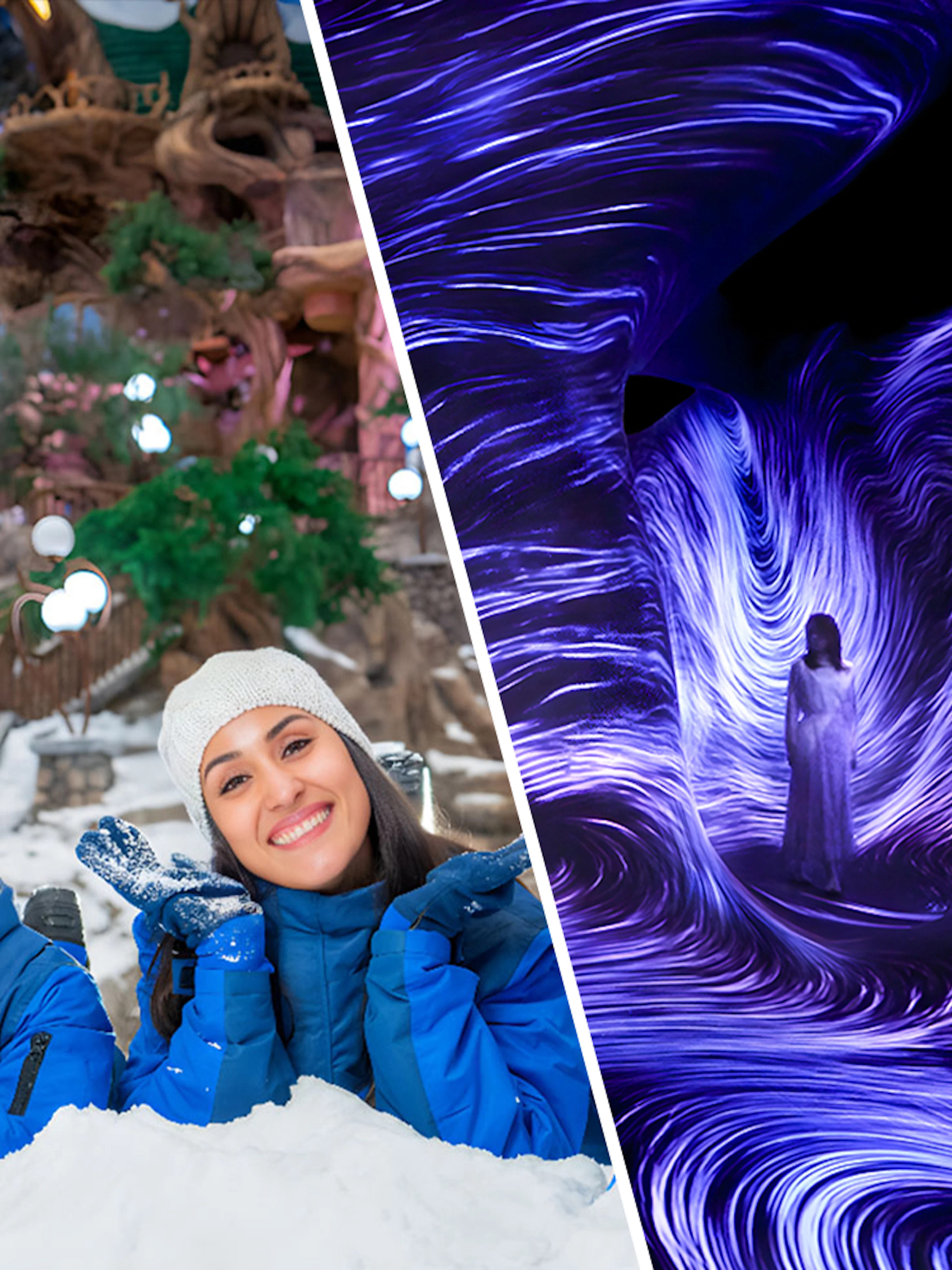 Family enjoying snow at indoor park; woman in light installation exhibit.