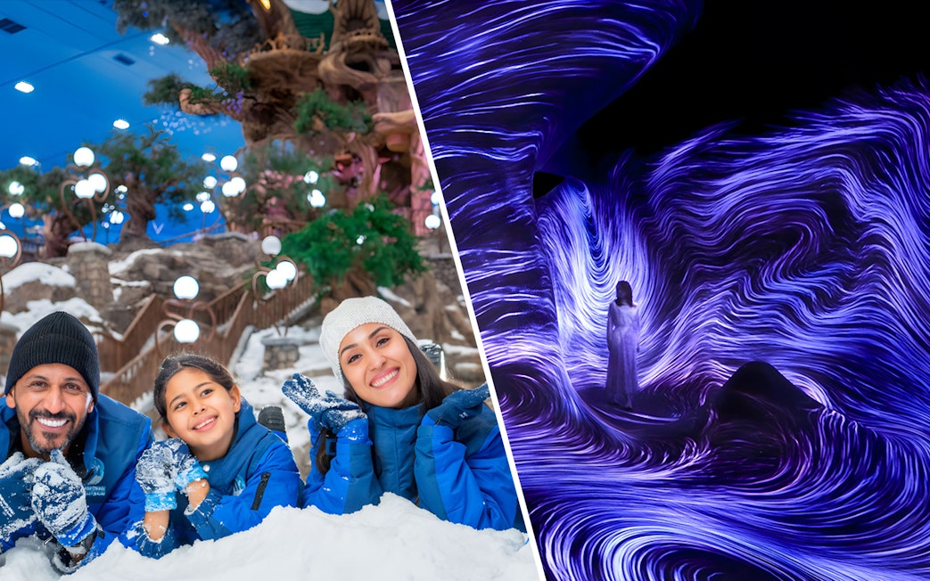 Family enjoying snow at indoor park; woman in light installation exhibit.