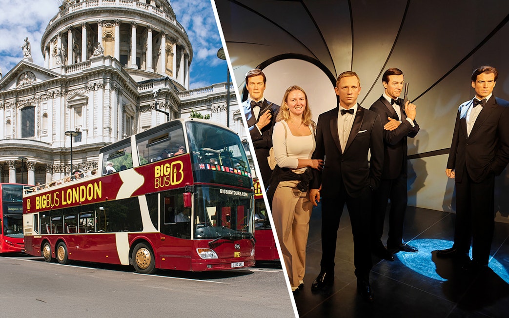 London double-decker bus near St. Paul's Cathedral and Madame Tussauds wax figures.