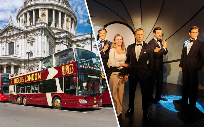 London double-decker bus near St. Paul's Cathedral and Madame Tussauds wax figures.