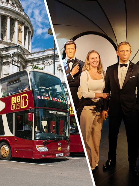 London double-decker bus near St. Paul's Cathedral and Madame Tussauds wax figures.