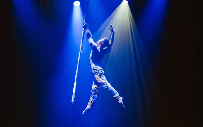 Aerial performer on pole during La Ronde show in Sydney.