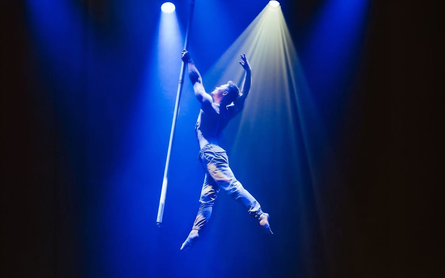 Aerial performer on pole during La Ronde show in Sydney.