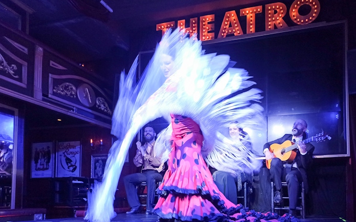Flamenco dancer performing with musicians on stage at Esencia show.