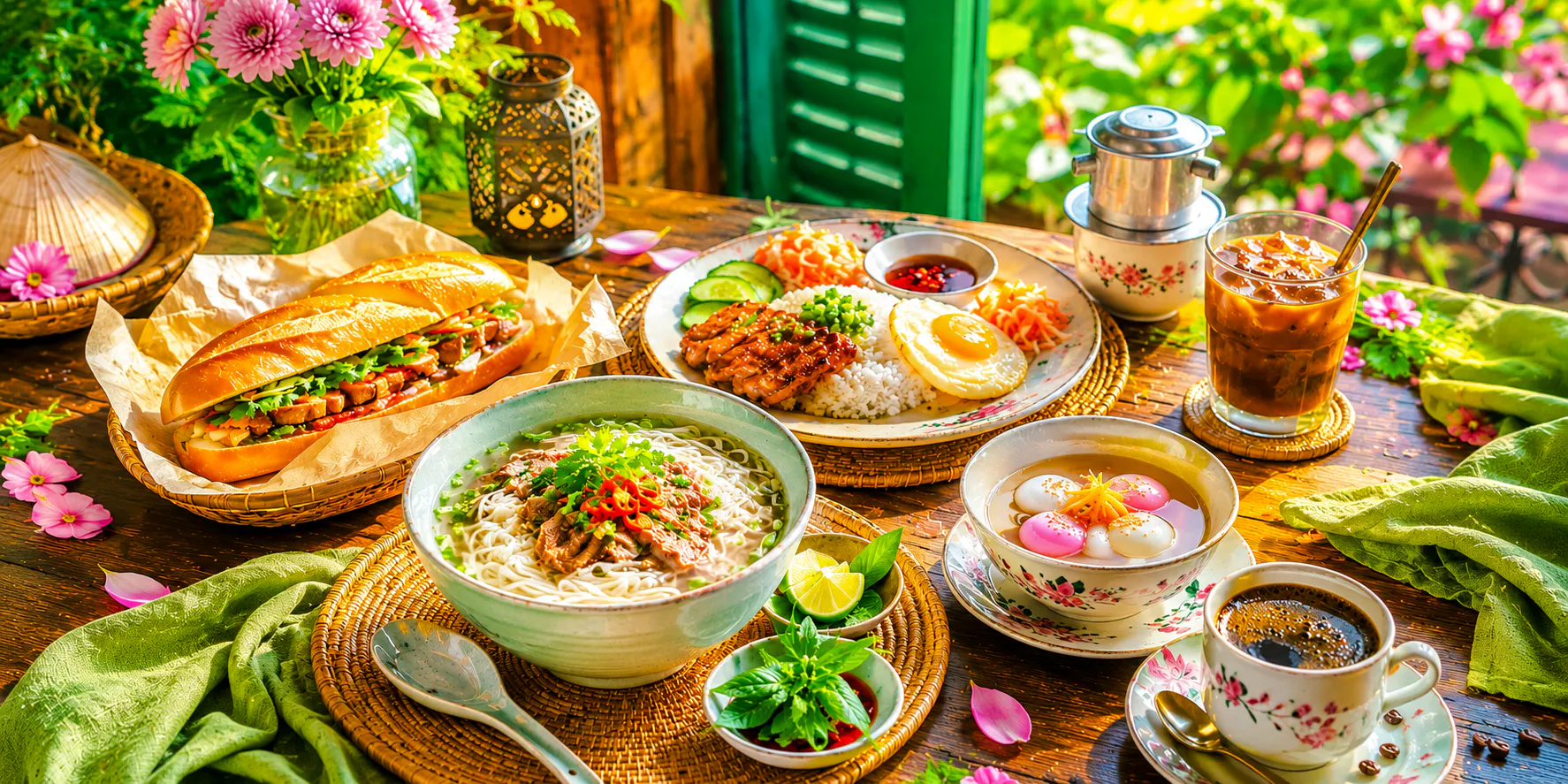 Vietnamese dishes including pho, banh mi, and rice with grilled meat, Hanoi.
