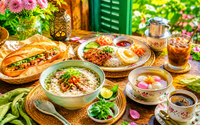 Vietnamese dishes including pho, banh mi, and rice with grilled meat, Hanoi.