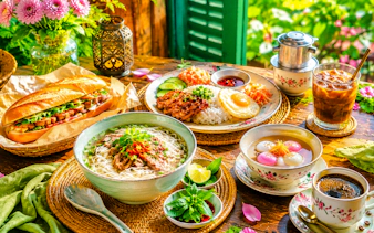 Vietnamese dishes including pho, banh mi, and rice with grilled meat, Hanoi.