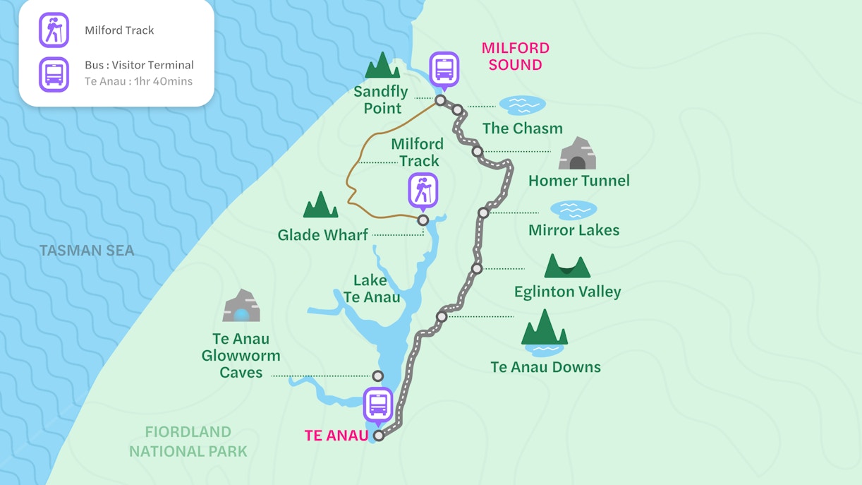 Map of Milford Track route from Te Anau to Milford Sound, highlighting key stops like Homer Tunnel and Mirror Lakes.