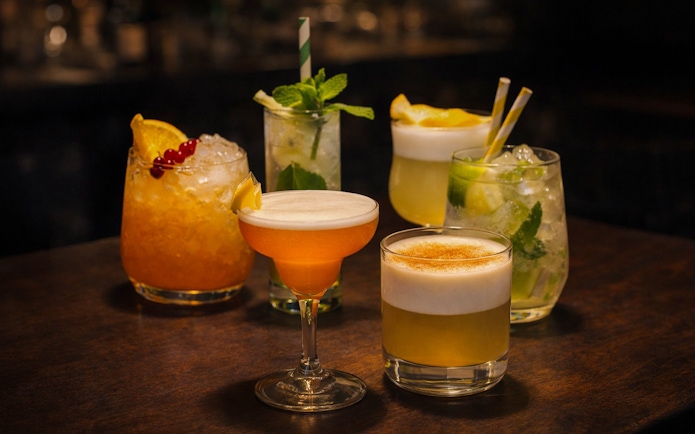 Assorted cocktails on a wooden table at El Duende by Tablao Cordobes Flamenco Show.
