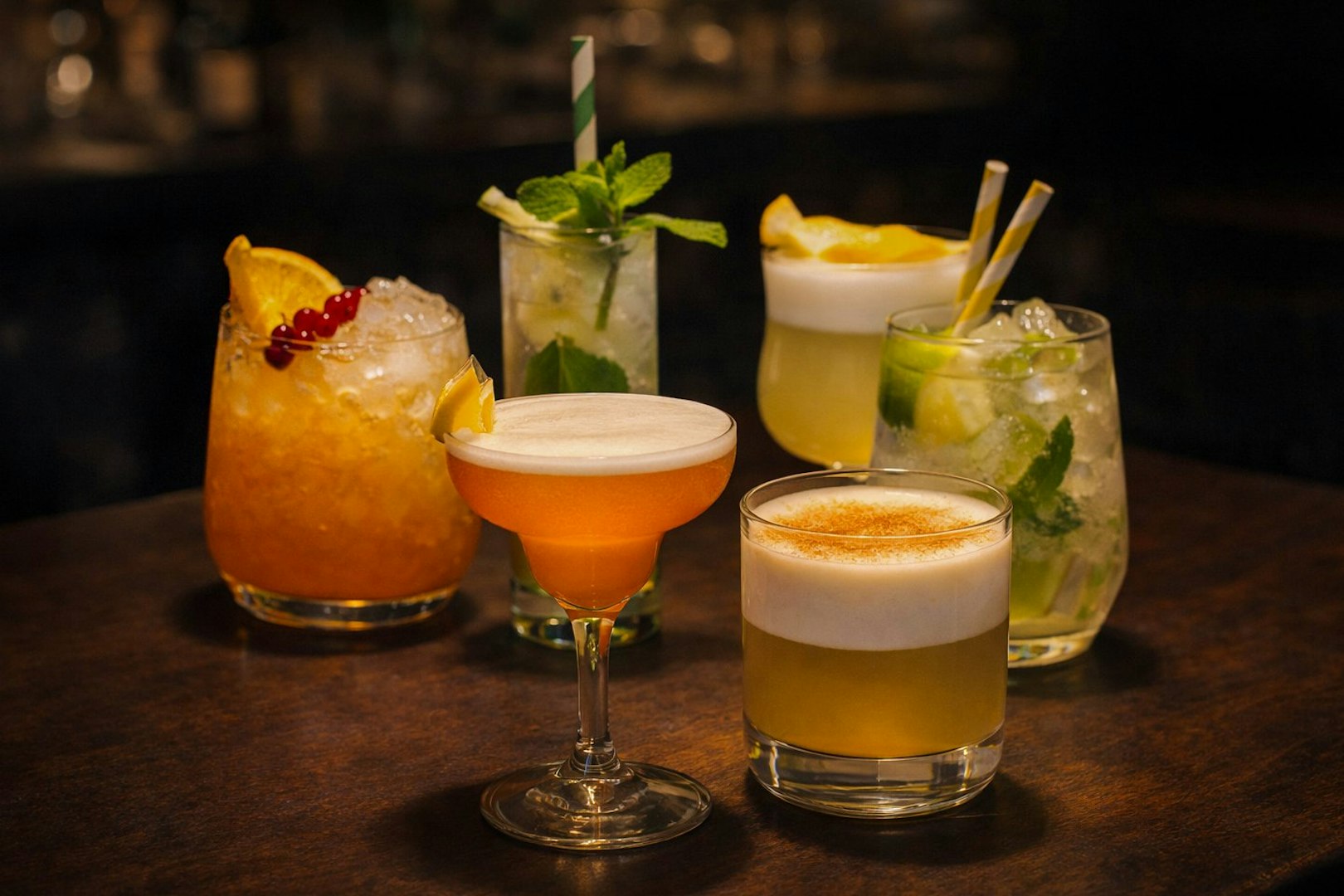 Assorted cocktails on a wooden table at El Duende by Tablao Cordobes Flamenco Show.
