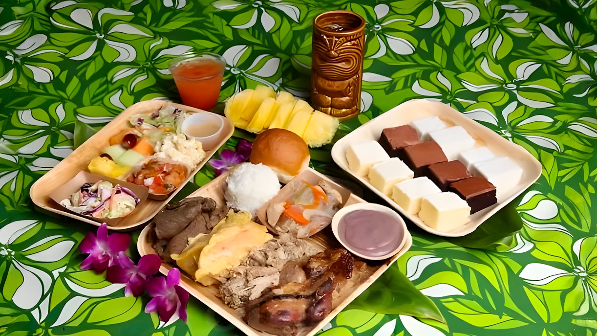 Traditional Polynesian cuisine platter at Germaine's Luau, Oahu, Hawaii.
