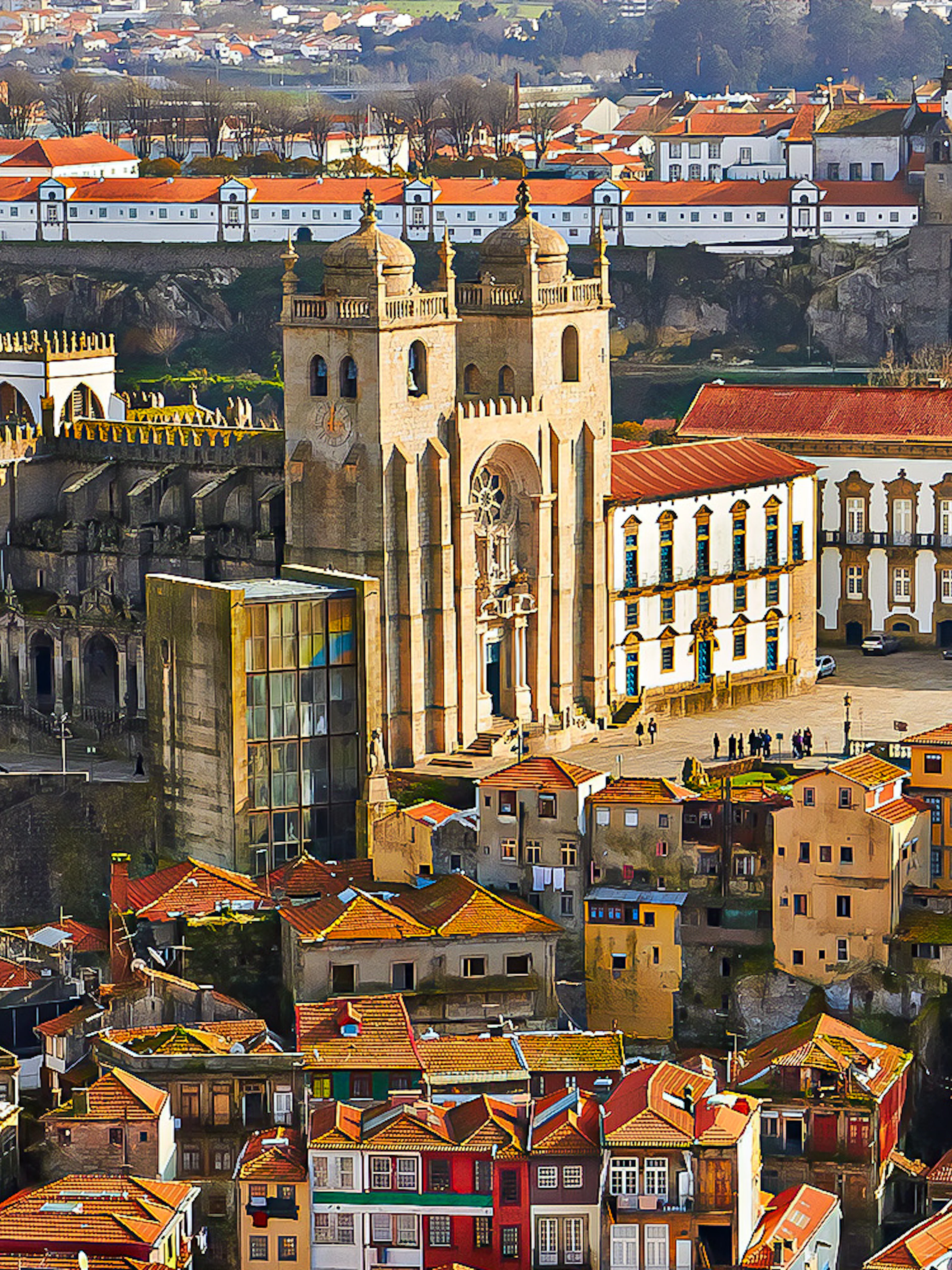 Porto Cathedral with surrounding historic buildings in Porto, Portugal.