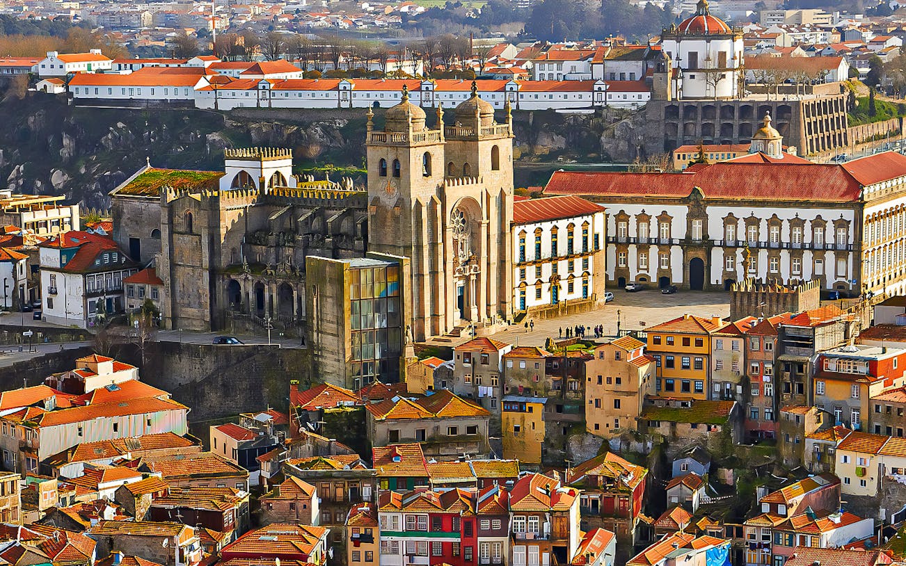 Porto Cathedral with surrounding historic buildings in Porto, Portugal.