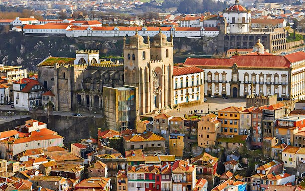 Porto Cathedral with surrounding historic buildings in Porto, Portugal.