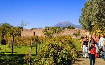 Friends walking through vineyard with Mount Vesuvius in background, Naples wine tasting tour.
