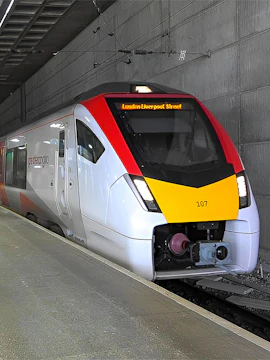 Stansted Express train arriving at London Liverpool Street station.
