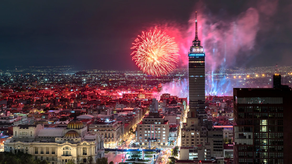 Fireworks over Mexico City skyline during Independence Day celebrations.