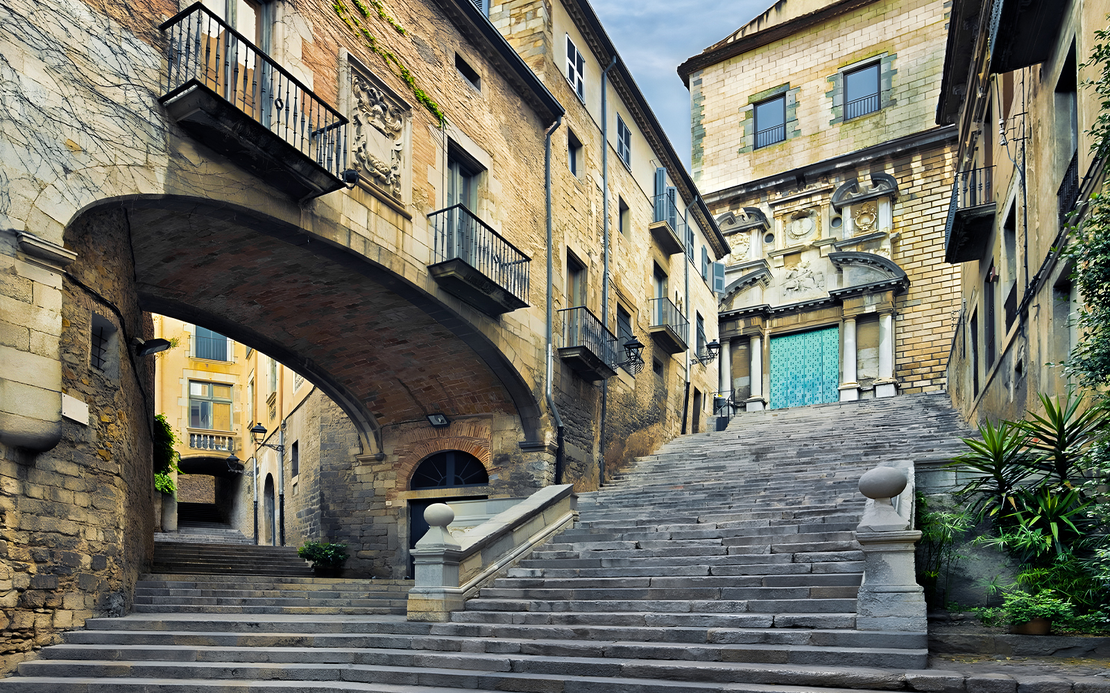 Staircase leading to Girona Cathedral, showcasing historic architecture in Catalonia, Spain.