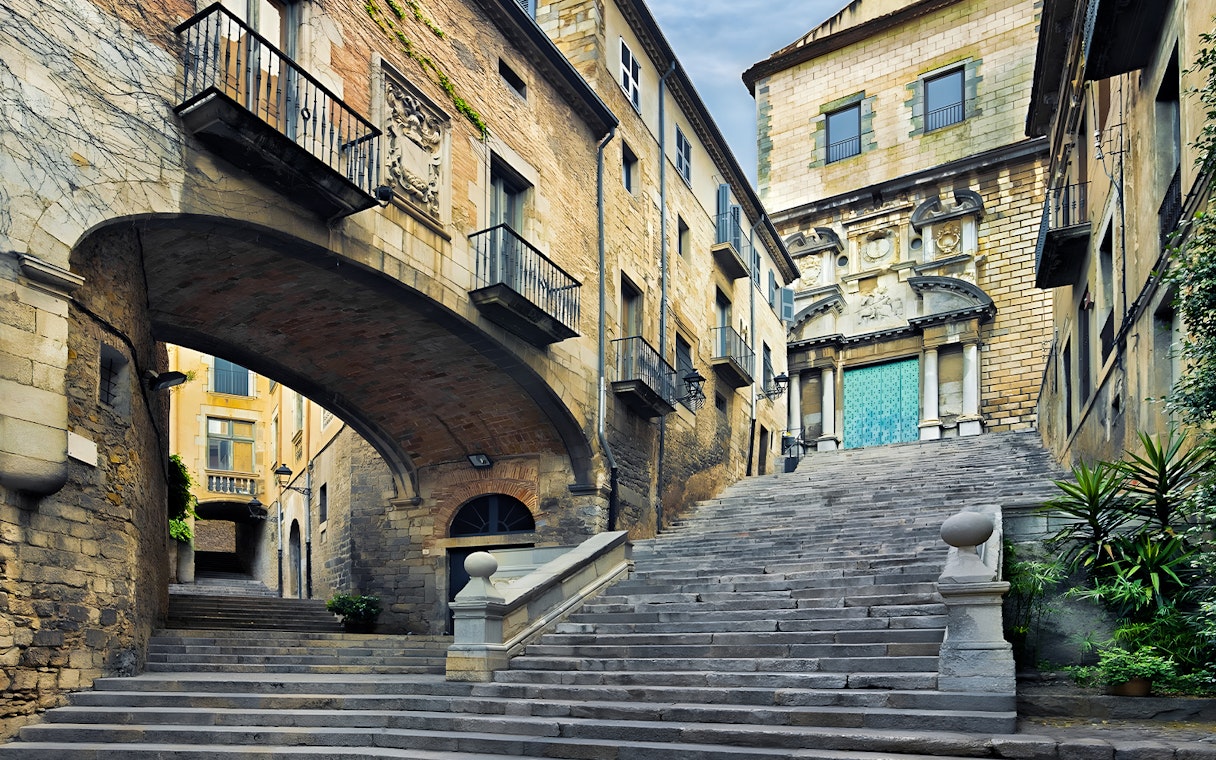Staircase leading to Girona Cathedral, showcasing historic architecture in Catalonia, Spain.