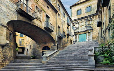 Staircase leading to Girona Cathedral, showcasing historic architecture in Catalonia, Spain.