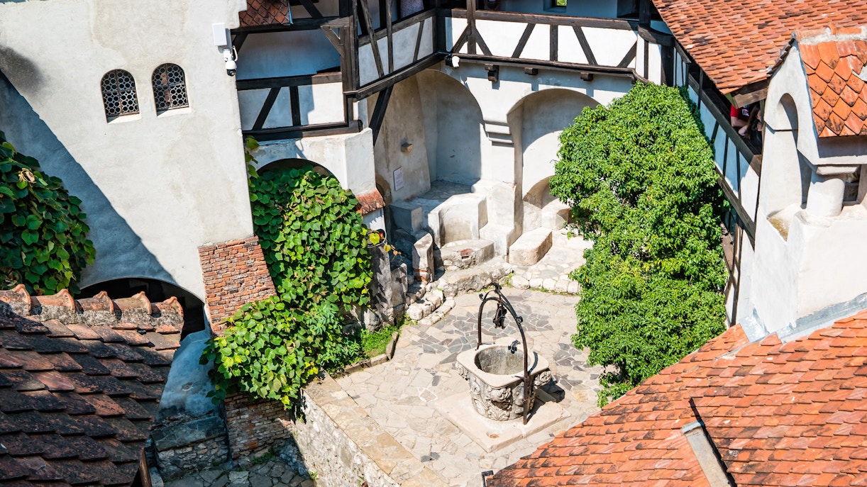 Courtyard with stone well and ivy-covered walls in historic building.