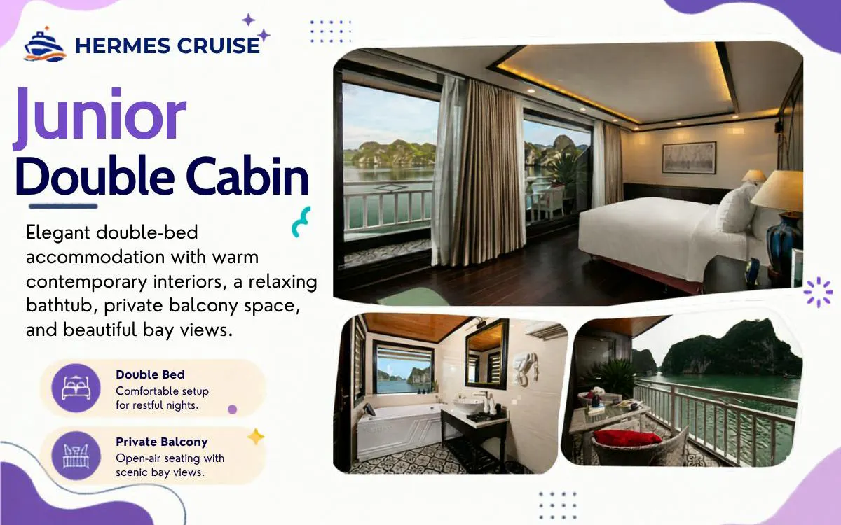 Junior double cabin with bay view, private balcony, and bathtub on Ha Long Bay 5-star cruise.