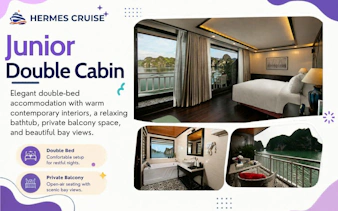 Junior double cabin with bay view, private balcony, and bathtub on Ha Long Bay 5-star cruise.