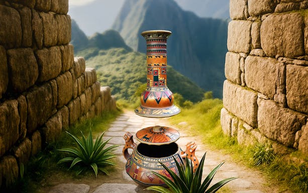 Ancient pottery exhibit on stone path at Machu Picchu, Peru.